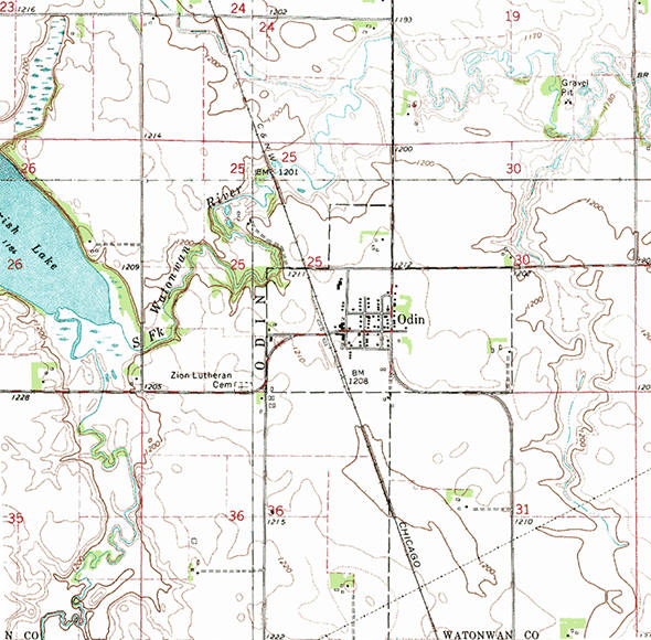 Topographic map of the Odin Minnesota area