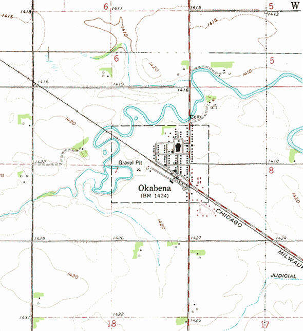 Topographic map of the Okabena Minnesota area