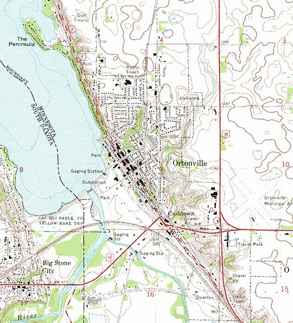 Topographic map of the Ortonville Minnesota area