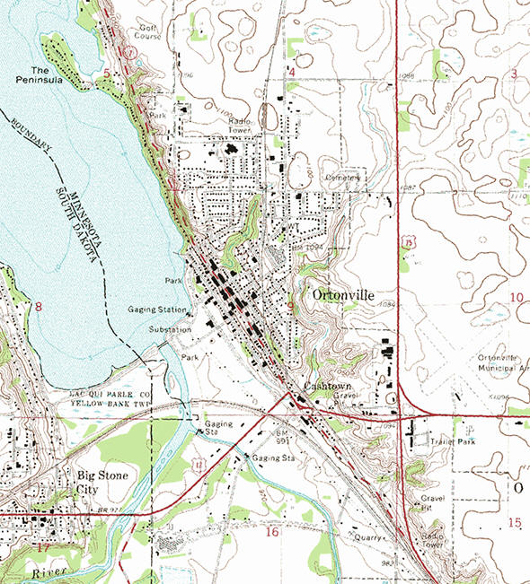 Topographic map of the Ortonville Minnesota area