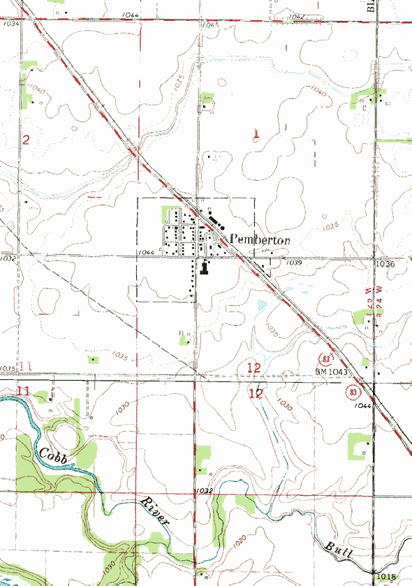 Topographic map of the Pemberton Minnesota area