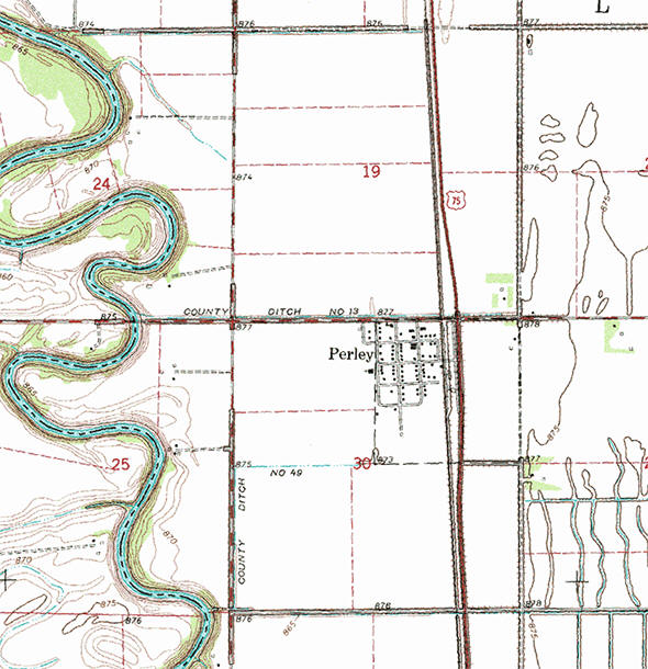 Topographic map of the Perley Minnesota area