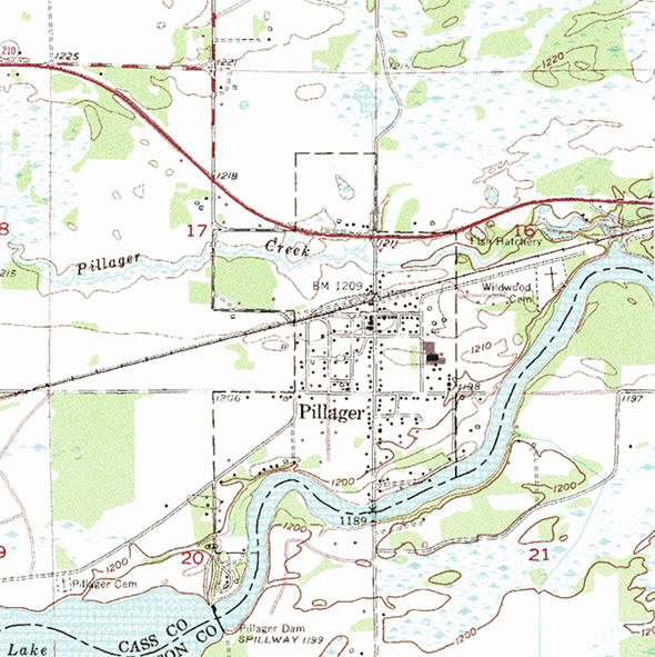Topographic map of the Pillager Minnesota area