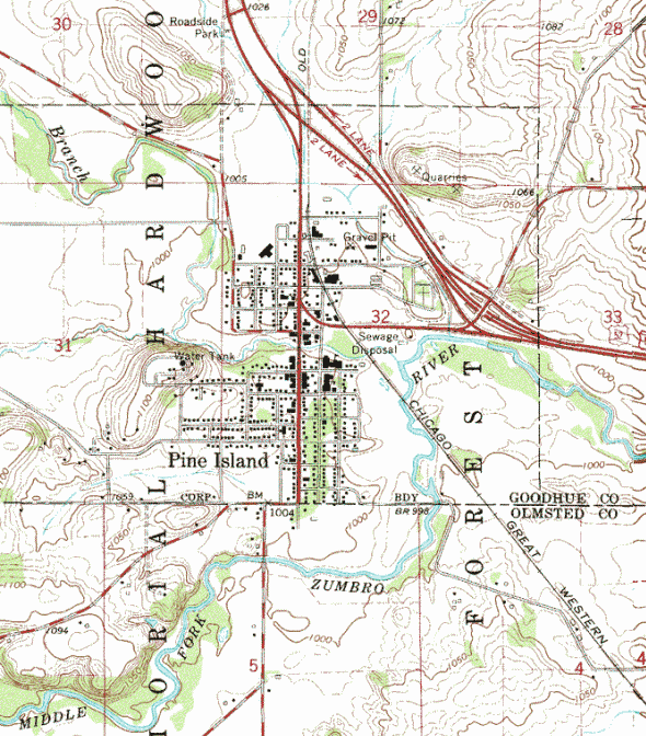 Topographic map of the Pine Island Minnesota area