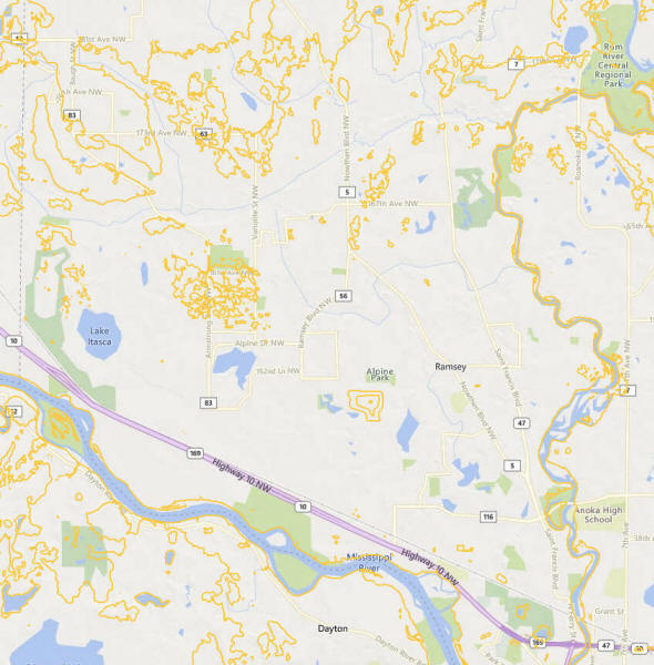 Topographic map of the Ramsey Minnesota area