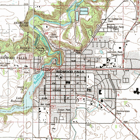 Topographic map of the Redwood Falls Minnesota area