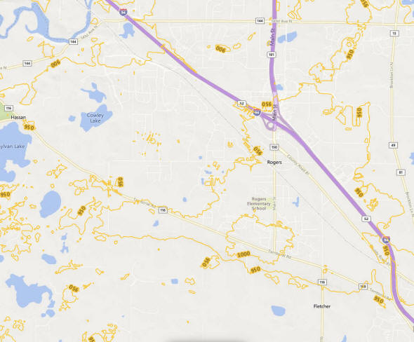 Topographic map of the Rogers Minnesota area