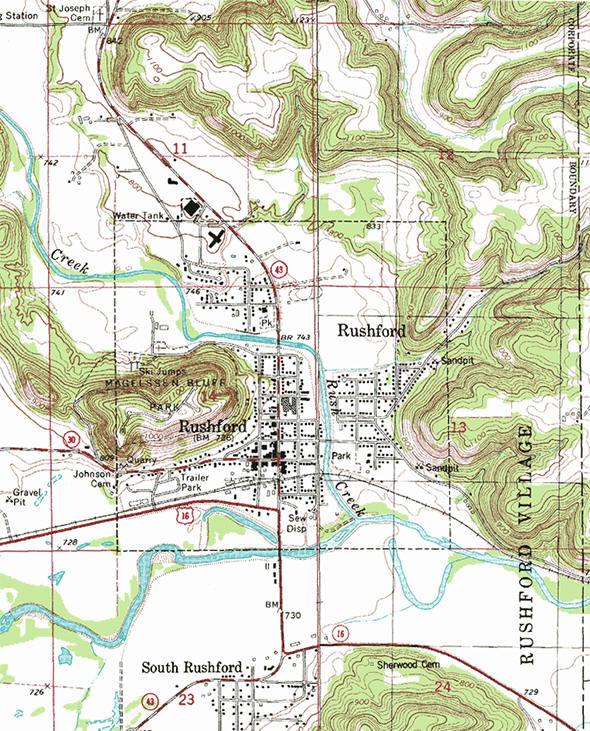 Topographic map of the Rushford Minnesota area
