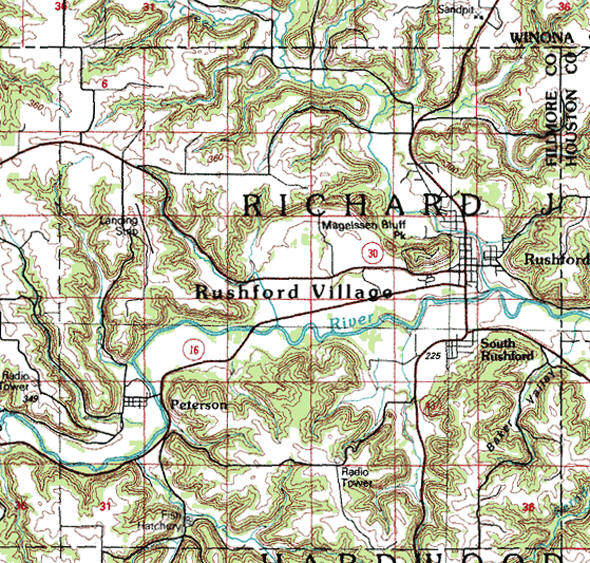 Topographic map of the Rushford Village Minnesota area