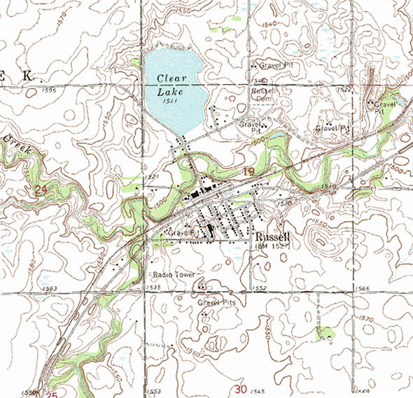 Topographic map of the Russell Minnesota area