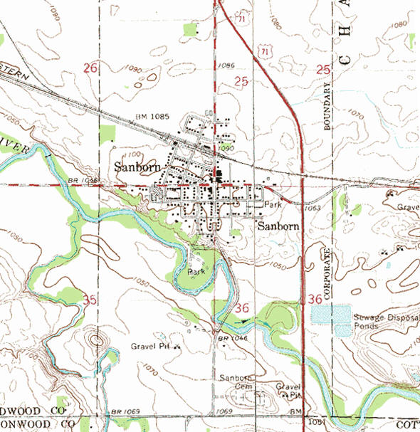 Topographic map of the Sanborn Minnesota area