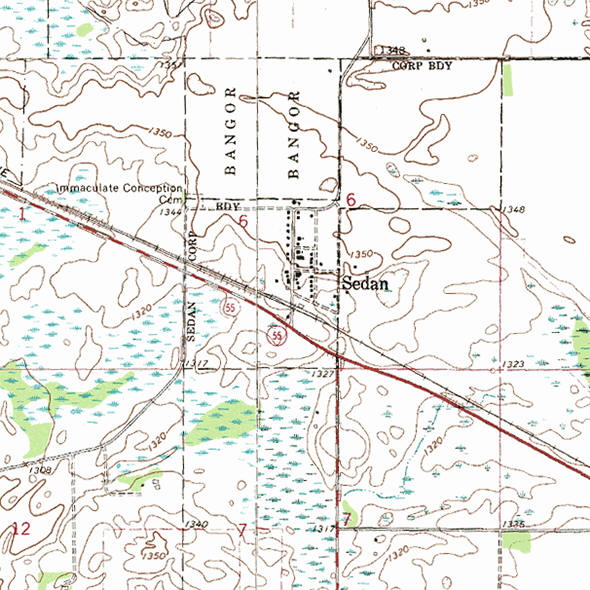Topographic map of the Sedan Minnesota area