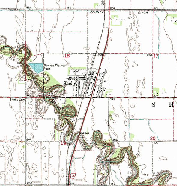 Topographic map of the Shelly Minnesota area