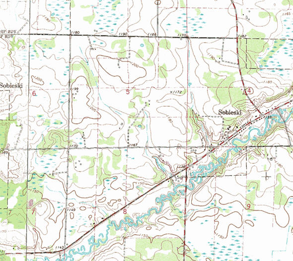 Topographic map of the Sobieski Minnesota area