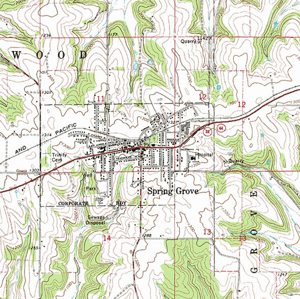 Topographic map of the Spring Grove Minnesota area
