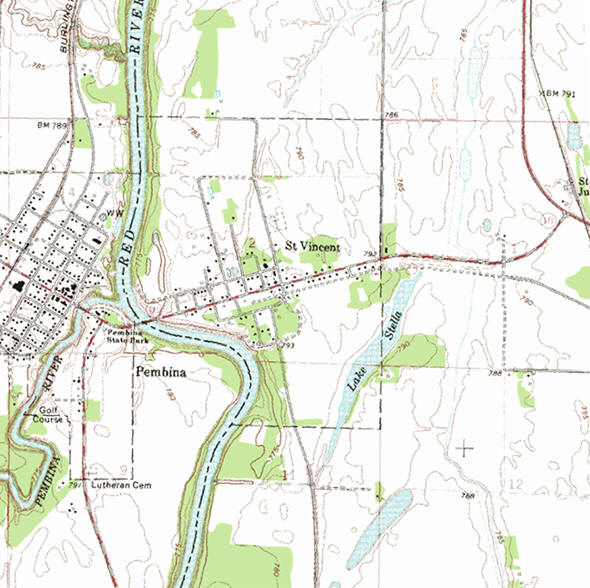 Topographic map of the St Vincent Minnesota area