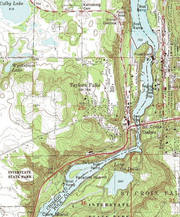 Topographic map of the Taylors Falls Minnesota area
