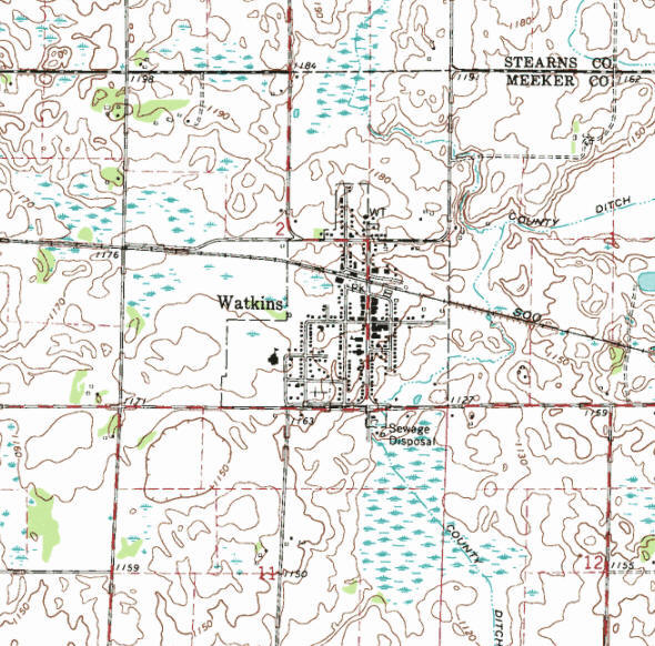 Topographic map of the Watkins Minnesota area