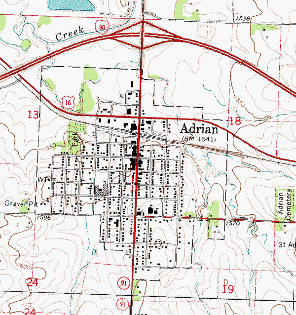 Topographic map of the Adrian Minnesota area