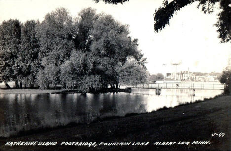 Katherine Island footbridge, Fountain Lake, Albert Lea, Minnesota, 1940s