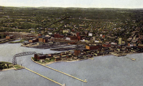 Aerial view, harbor entrance, Duluth, Minnesota, 1910s