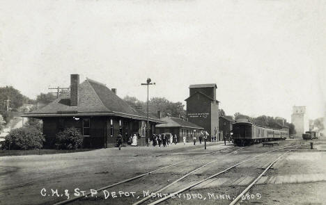 CM&StP Depot, Train, and Elevators, Montevideo, Minnesota, 1928