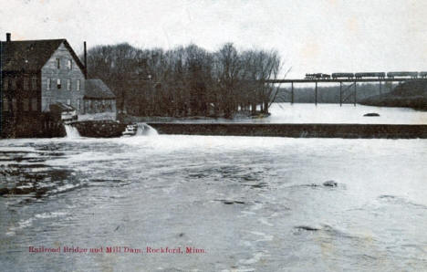 Rockford mill, railroad bridge, and mill dam, Rockford, Minnesota, 1911