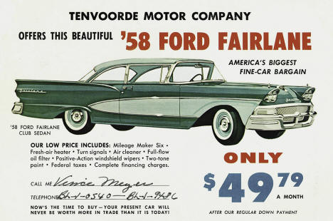 Ad for New Ford Fairlane, Tenvoorde Ford, St. Cloud, Minnesota, 1958