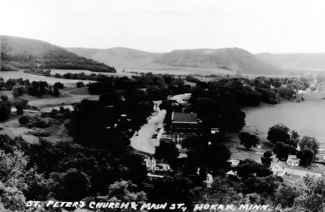 View of St. Peter's Church and Main Street from Mount Tom, Hokah Minnesota, 1940s