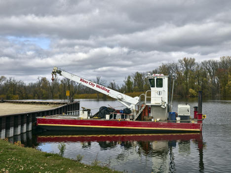 Barge with a crane in Withers Harbor, Red Wing, Minnesota, 2019