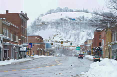 Winter street scene with Barn Bluff in the background, Red Wing, Minnesota, 2019